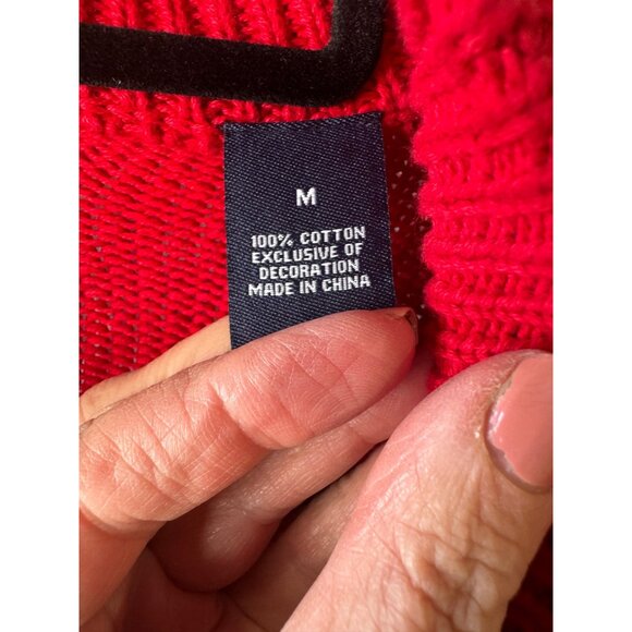 Chaps Red Fisherman Cable Knit Sweater 3 button M 100% Cotton Long Sleeve Preppy - Picture 5 of 10